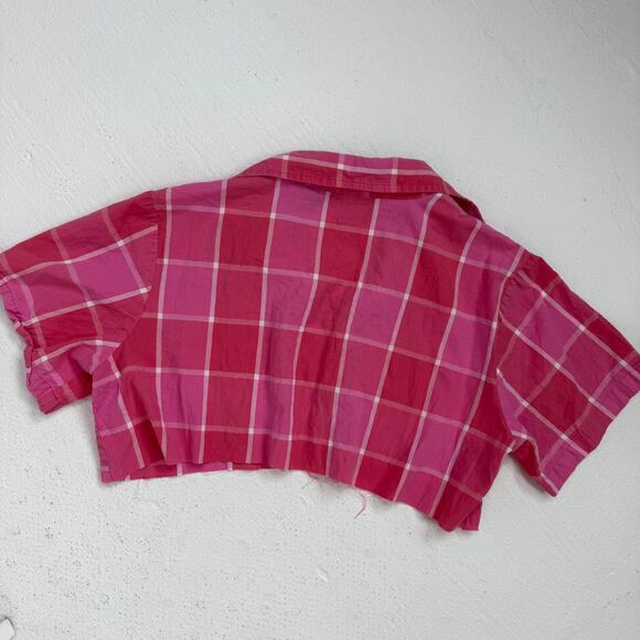 Upcycled Vintage Citicraze Pink Plaid Cropped Button Up Shirt, Size Large - Picture 8 of 8